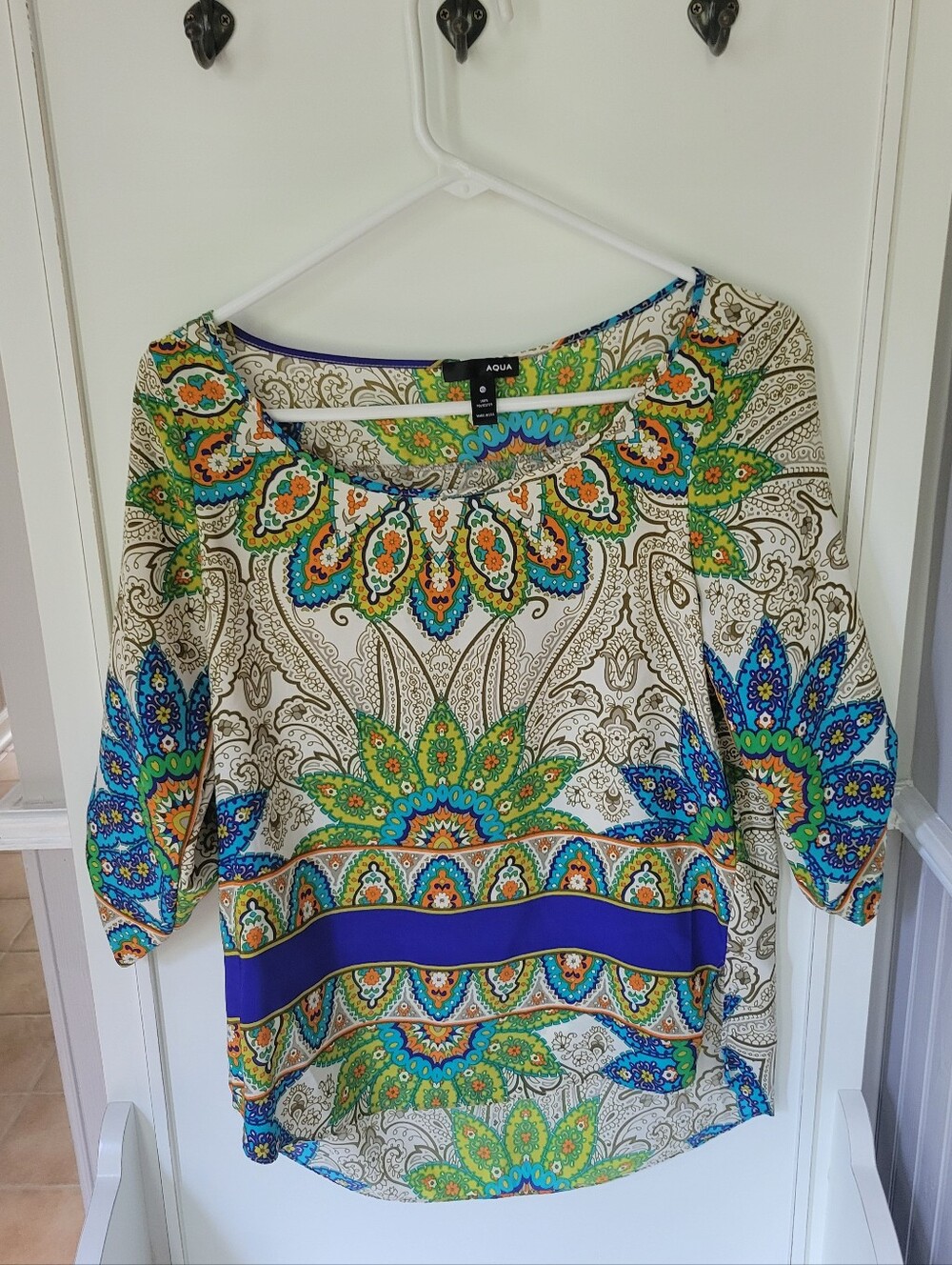 Aqua Green, Blue & Orange Paisley Scoop Neck Blouse